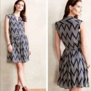 Womens 11-1-TYLHO Blue Taupe Chevron Print Two Pocket Dotted A-Line Dress XS *